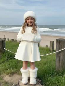 Emery Rose Kids Emery Rose Kids Young Girl Cute White Hooded Jacket, Gloves Set, Versatile For Autumn/Winter Fall