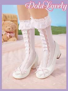 Dola Lovely Damen Schleifchen Mary Jane Schuhe, Pumps mit rundem Zehenbereich, Schnallenriemen und dickem Absatz, modische vielseitige weiße Schuhe