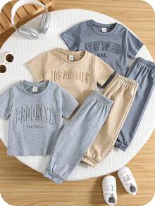 SHEIN 6pcs Baby Boy Casual Versatile Solid Color Simple Letter Embossed Short Sleeve T-Shirt & Elastic Waist Pants Set, All-Match Multi-Piece Outfit - Multicolor - View 3