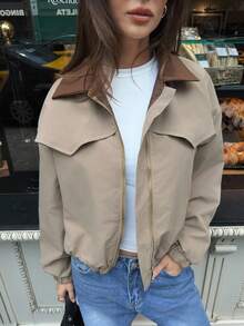 Aloruh Áo khoác dài tay cổ màu tương phản phong cách chuồng trại, áo khoác mùa đông - Cà phê nâu - Xem 4