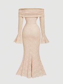SHEIN MOD Váy bó sát tay dài trễ vai buộc dây phía trước cho nữ, Đầm dự tiệc năm mới cho nữ, Đầm dự tiệc năm mới, Ngày lễ tình nhân - Màu be - Xem 2