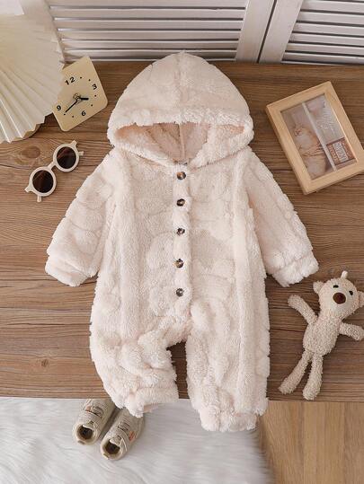 SHEIN 秋冬季可爱3D小熊毛绒长袖连帽连体衣，适合婴儿室内外穿着