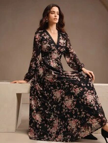 Anewsta 女式优雅花卉印花长袖V领荷叶边修腰超长连衣裙 - 黑色 - 查看 6