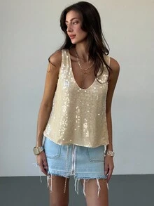 Aloruh Blusa holgada sin mangas con decoración de lentejuelas brillantes, para verano - Verde - Ver 1