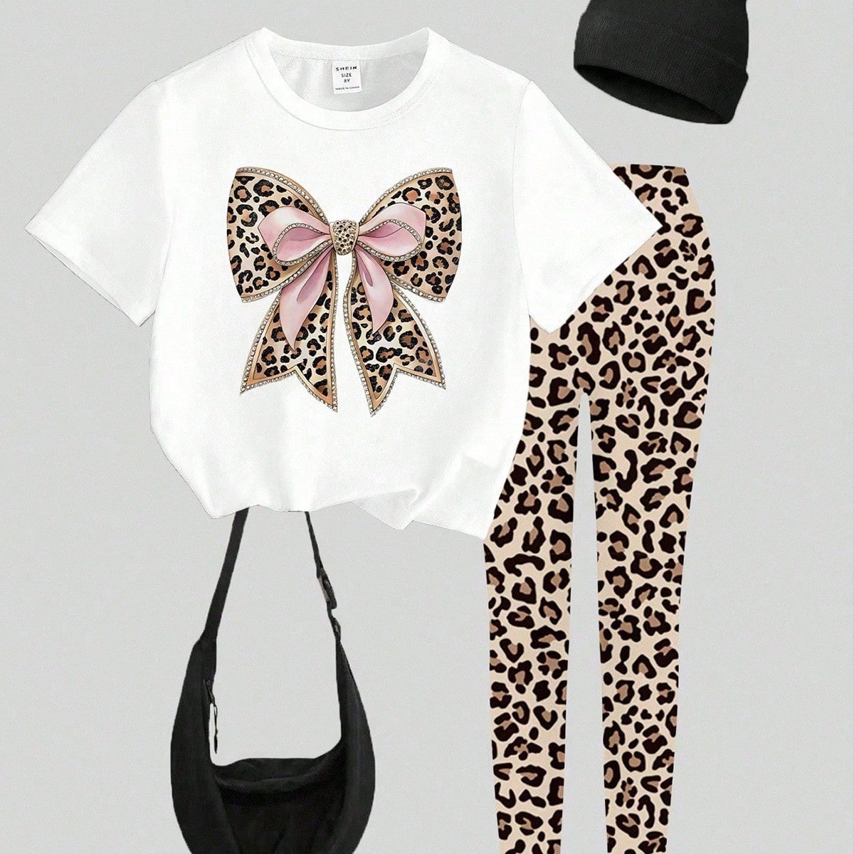 Piezas/set Camiseta de manga corta y mangas largas con estampado de lazo de Leopardo y estampados de diamantes creativos casuales para niñas, conjunt