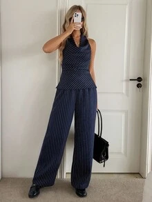 SHEIN LUNE 2pcs/Set Halter Tie Bow Collar Sleeveless Blouse And Elastic Waist Wide Leg Pants, Casual Striped Elegant Commuter Vintage Style Women Set Navy Blue Jumpsuit Women Halter Jumpsuits For Women Elegant Jumpsuits Striped Jumpsuit Women's Winter Clothes Formal Women's Clothes