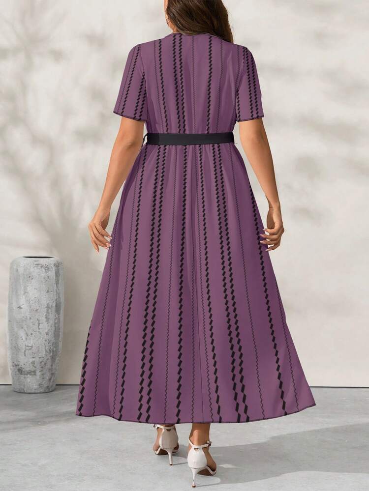 Lacomfia Plus Size Vintage Striped Purple V-Neck Waist Cinched Flared Hem Summer Dress For Women - Multicolor - View 2