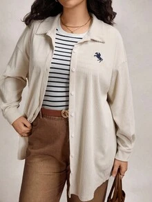 Zelara Plus Size Women Casual Versatile Embroidered Corduroy Shirt Chic Going Out - Apricot - View 3