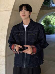 DAZY Autumn Patchwork Sleeve Fabric Street Style Letter Embroidery Design Navy Blue Men's Denim Jacket - Navy Blue - View 1