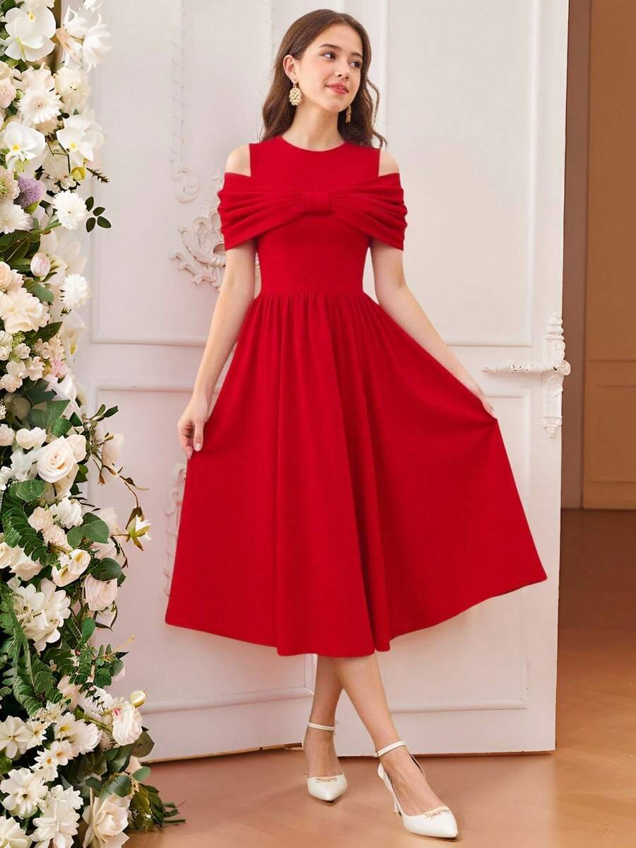 Pitira Teen Girls Partywear Pink Party Dress Big Twist Bow Wrap Midi Dress Bridesmaid Dress Elegant Formal Evening Prom Wedding Guest Dress Suitable For Graduation Ceremony, Dinner Party Dress, Spring Festival,Christmas, Halloween Fall Winter Red Teen Dress Junior Bridesmaids Dress Red Midi Dress Elegant Dress - Red - View 1