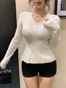 DAZY Women's Elegant Commuter Solid Color Lace Trim Waist Sweater Fall - White - View 5
