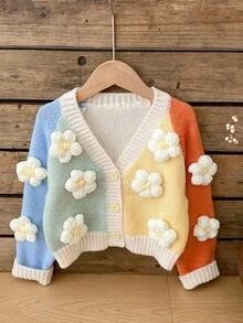 SHEIN 少女撞色长袖休闲开衫，3D花卉装饰，秋冬 - 彩色 - 查看 1