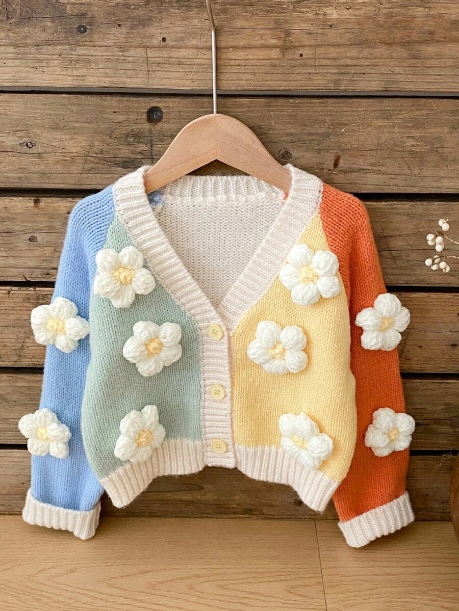 SHEIN 少女撞色长袖休闲开衫,3D花卉装饰,秋冬 - 彩色 - 查看 1