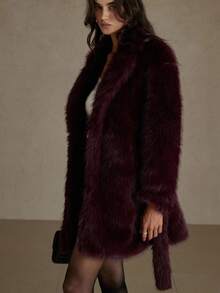 Aveloria Rosie High-Quality Faux Fur Loose Lapel Belted Mid-Length Coat, Faux Fur Jacket - Red Violet - View 5