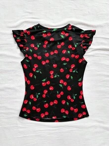 Soleia WYWH Vacation Ruffle Trim Ribbed White Knit Tee - Black - View 2