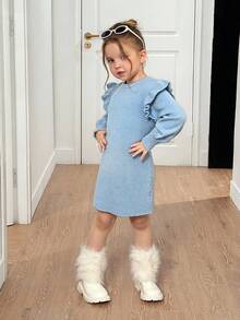 SHEIN Young Girls Baby Blue Ribbed Knit Sweater Dress,Long Sleeve Ruffled Round-Neck Casual Fairy Dress For School,Back-To-School,Autumn Winter Outfits - Blue - View 6