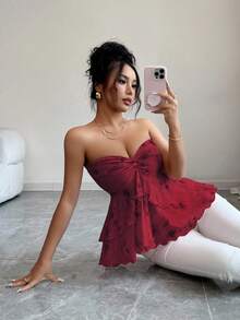 Elenzga Women's Fashionable Sexy Sweet Pink Floral Print Ruffle Hem Camisole Top, Suitable For Casual, Vacation, And Daily Wear, Spring/Summer