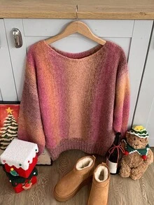 DAZY 女士宽松休闲扎染条纹彩色时尚不对称领口针织套头衫，秋冬 - 中紫紅色 - 查看 5