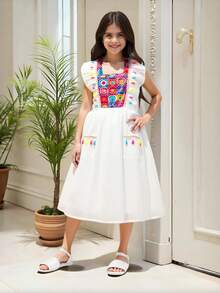 Tween Girls' Casual & Elegant & Vacation Style Hook Flower Pattern Printed Fringed Decoration Ruffle Hem Dress - White - View 3