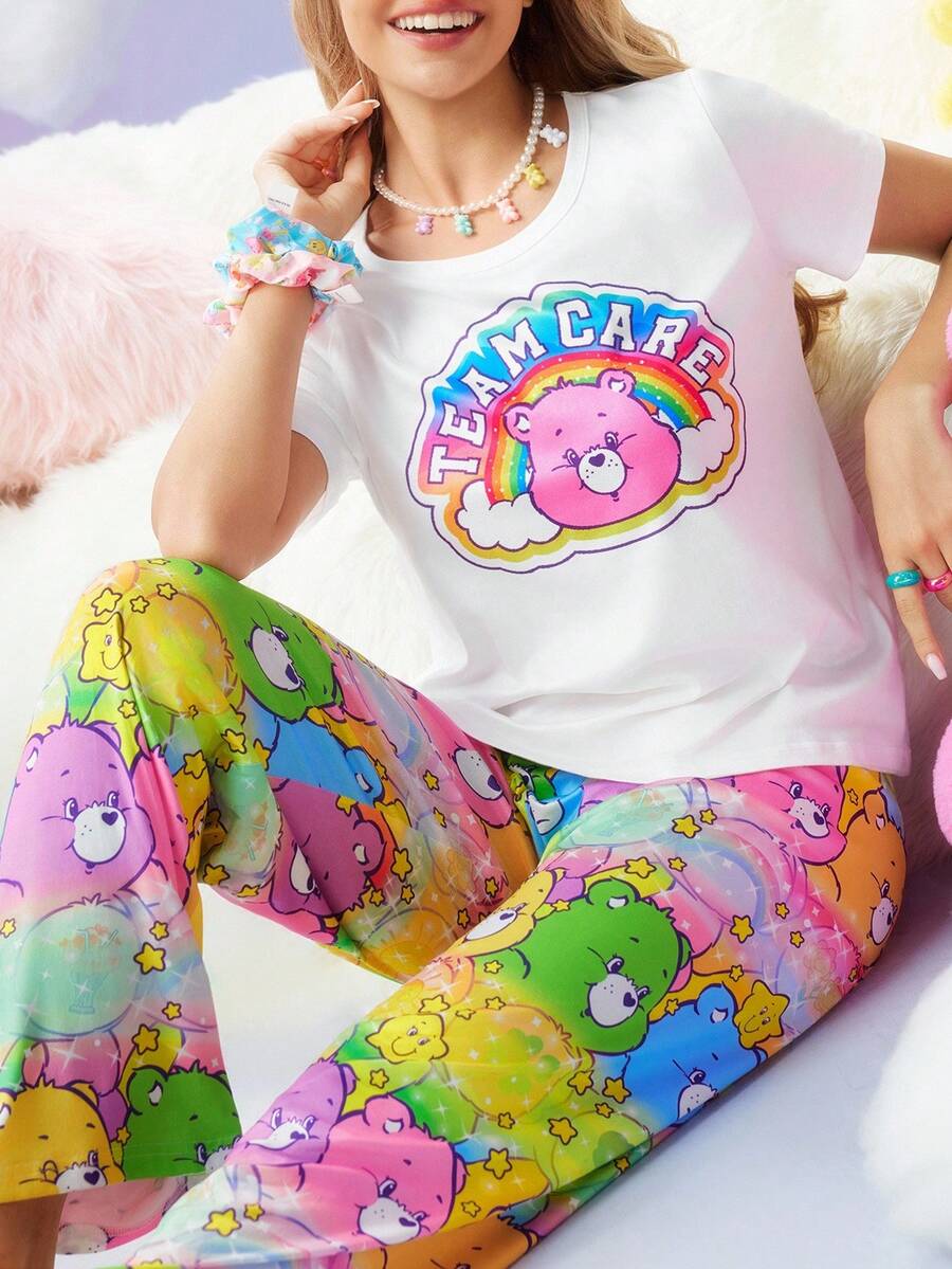 SweetSlumber X Carebears Women's Summer Cute Cartoon Bear Print Top & Pants Pajama Set Cute Pajamas Kawaii Pajamas Care Bear Pajamas Cartoon Pajamas Women - Multicolor - View 1