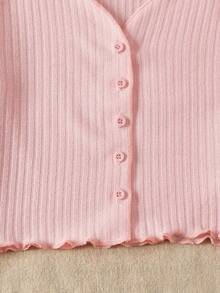 SHEIN Tween Girls' Versatile Casual Ribbed V-Neck Ruffle Trim Button Up Cardigan Sweater, Back To School Fall Winter - Baby Pink - View 4