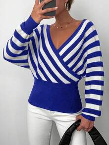EURMUSE Áo len dài tay cổ chữ V kẻ sọc thường ngày cho nữ, thu/đông - Màu xanh lam - Xem 1