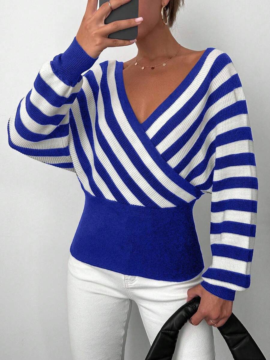 EURMUSE Áo len dài tay cổ chữ V kẻ sọc thường ngày cho nữ, thu/đông - Màu xanh lam - Xem 1