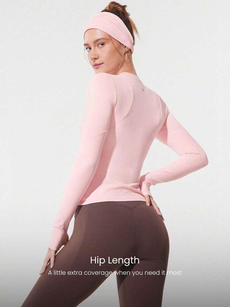 Parte superior de punto de manga larga con agujeros para los pulgares, ajuste ceñido, cintura cálida, longitud de la cintura, para correr, trotar, senderismo, gimnasio, entrenamiento, uso diario activo, que absorbe la humedad