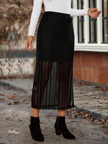 EMERY ROSE Chân váy ren xẻ tà màu trơn thanh lịch dành cho nữ khi đi làm - màu đen - Xem 4