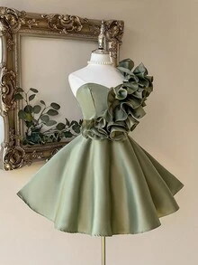 Lovelzi Elegant Romantic 3D Ruffle Decor Asymmetrical Neck High-Low Waist Cinched Party Formal Gown, For Cocktail