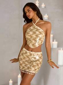 Vowa 2 件套优雅亮片项链带和荷叶边下摆贝壳流苏短款上衣搭配中长裙，性感舒适的女士海滩/日常/派对连衣裙