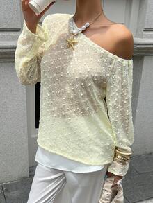 Chiquease Women's Pale Yellow Elegant Long-Sleeved T-Shirt,Autumn Holiday Tea Party,Hollow Lace Fabric,Off-Shoulder Solid Color Textured Fabric Versatile Top - Yellow - View 6