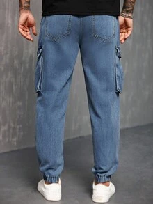 Manfinity Homme Avant-Garde Street Casual Men's Cropped Tapered Blue Denim Jeans With Cargo Pockets Men Navy Blue Denim - Blue - View 2