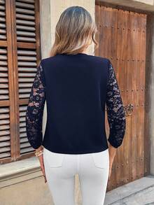 SHEIN Clasi Chaqueta ligera negra de ajuste ceñido con mangas largas, puño y cuello de encaje para mujer. Chaqueta de mujer azul marino con encaje. Chaqueta de mujer de otoño e invierno