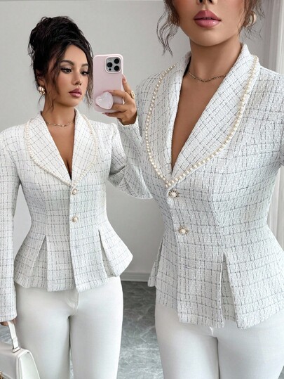 Elenzga Fashionable Urban Tweed Blazer With Pearl Decor, Waist Cinched Slim Fit Black & White Plaid, Pearl Embellished And Metal Button Closure, Short French Elegant Jacket Suitable For Commute, Everyday Wear, And Dates
