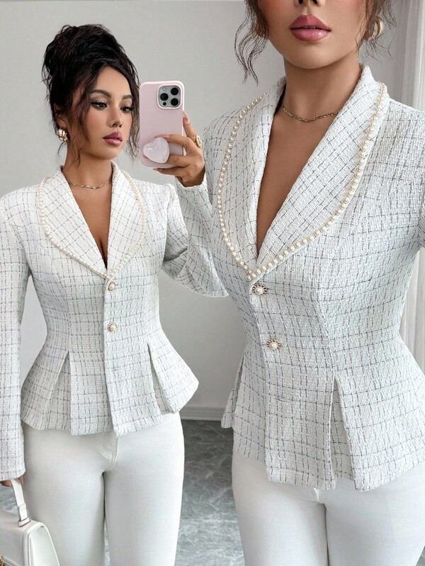 Elenzga 时尚都市粗花呢西装外套，珍珠装饰，腰部收紧修身黑白格子，珍珠装饰和金属纽扣开合，短款法式优雅夹克，适合通勤、日常穿着和约会