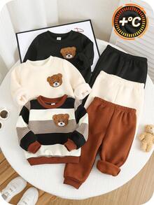 SHEIN 6件套婴儿男女童休闲可爱小熊条纹卡其色卫衣和运动裤套装，男女通用婴儿服装，婴儿冬季服装，小熊图案婴儿套装，男婴冬季服装，男婴服装，男婴小熊图案卫衣，婴儿秋冬套装 - 彩色 - 查看 1