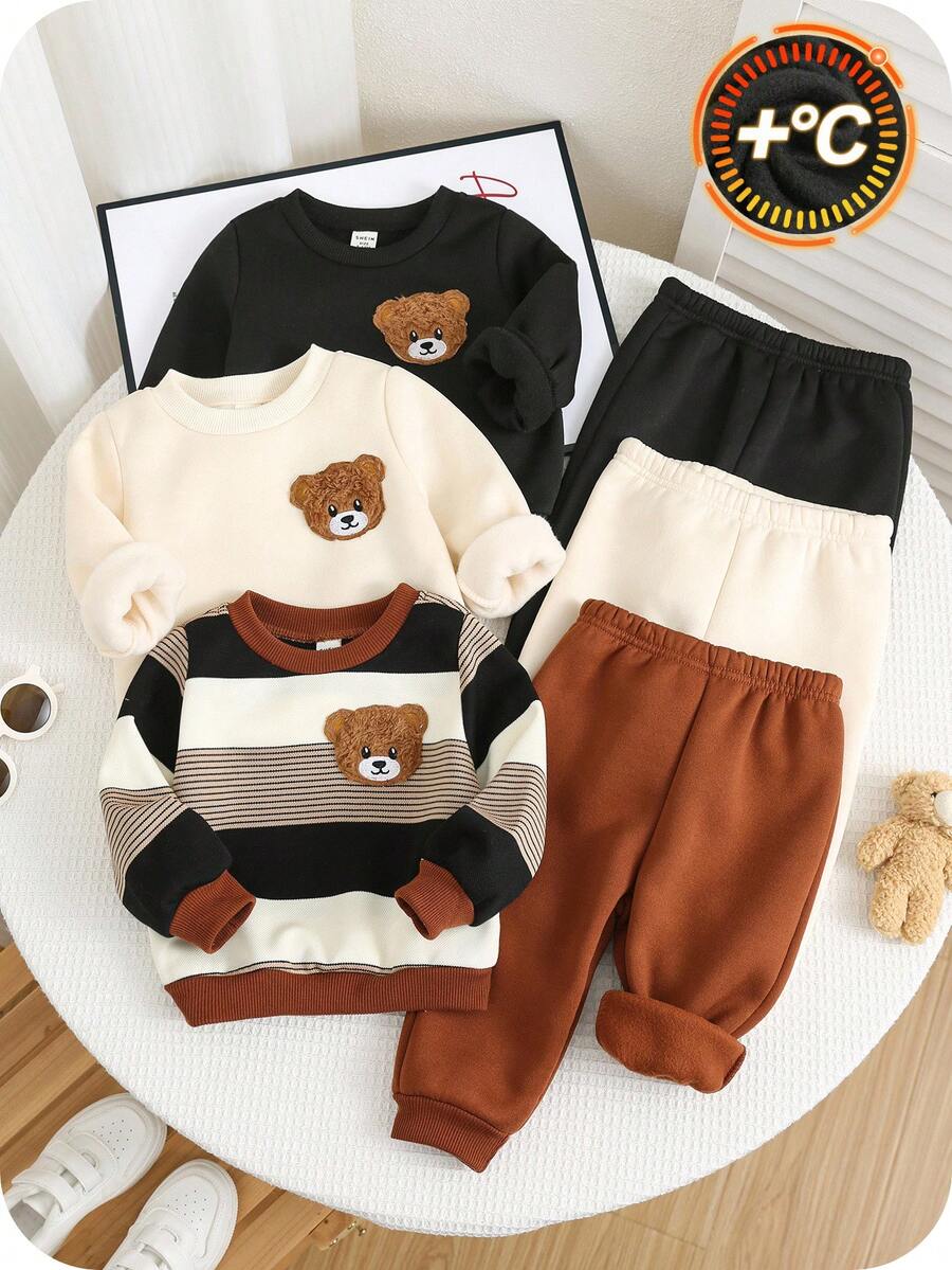SHEIN 6件套婴儿男女童休闲可爱小熊条纹卡其色卫衣和运动裤套装，男女通用婴儿服装，婴儿冬季服装，小熊图案婴儿套装，男婴冬季服装，男婴服装，男婴小熊图案卫衣，婴儿秋冬套装 - 彩色 - 查看 1