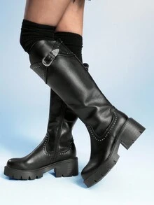 Sugerpunk 女式黑色侧拉链粗跟系带扣马靴，暗黑摇滚朋克哥特风格过膝靴 - 黑色 - 查看 4