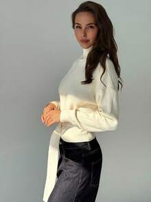 Aloruh Women's Autumn/Winter New Ribbed Knit Turtleneck Sweater, Slim Fit Long Sleeve Pullover With Belt Decor, Minimalist Everyday Versatile Knitwear - Beige - View 7