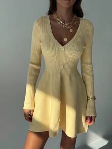 Aloruh Women's Pale Yellow Autumn Elegant Everyday Long-Sleeved Deep V-Neck Knitted Sweater Dress,Slim Fit Cream Yellow New Year Winter Wear - Navy Blue - View 8