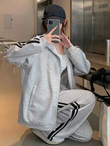 DAZY Women's Casual Contrast Striped Sweatshirt And Pants 2 Pieces Set, Autumn Tracksuits Women Set Lounge Sets For Women