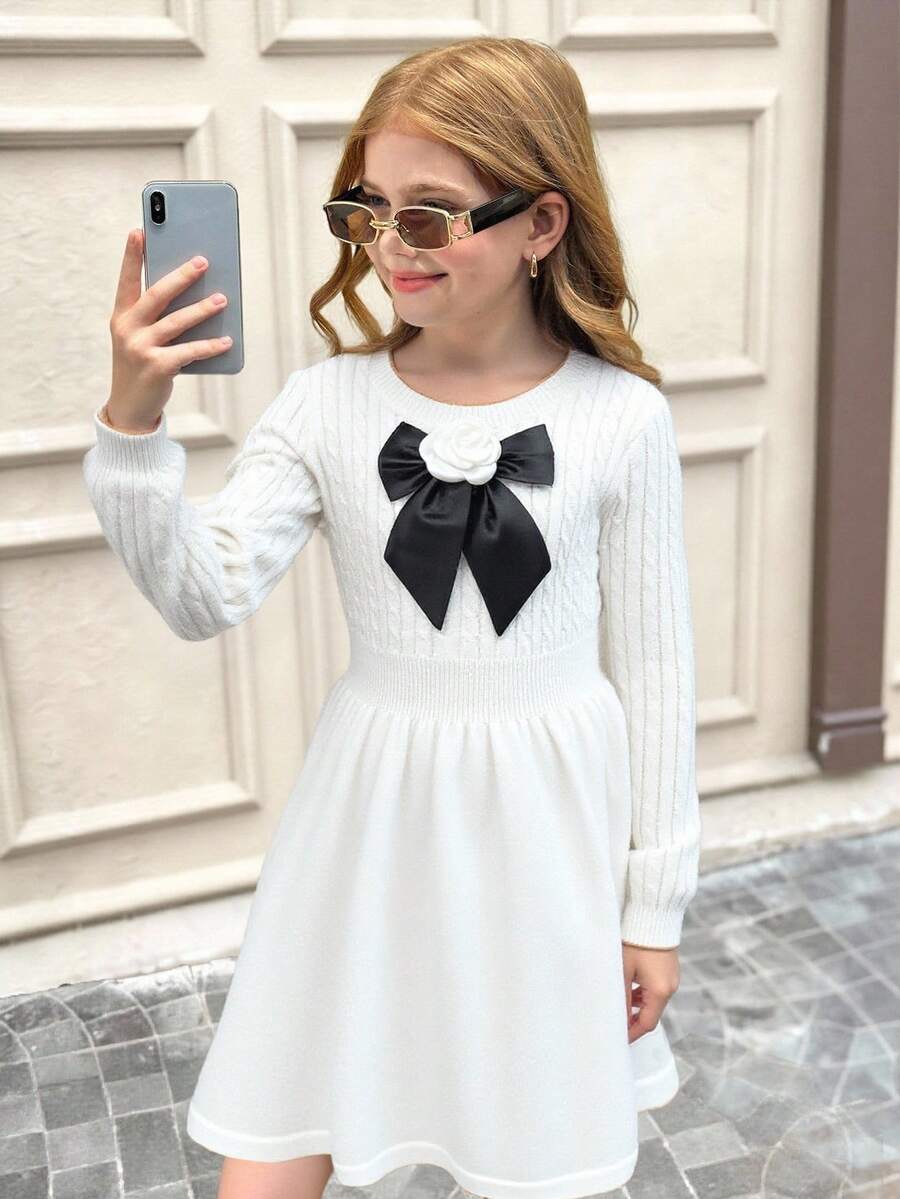 SHEIN Abito a vita svasata a girocollo in maglia melange per ragazze pre-adolescenti, decorato con fiocco, stile elegante da signora, versatile per tutte le stagioni