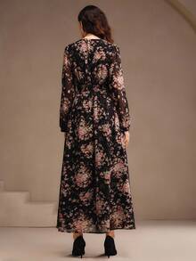 Anewsta 女式优雅花卉印花长袖V领荷叶边修腰超长连衣裙 - 黑色 - 查看 7