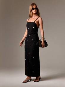 AiiRZ Đầm maxi dài bằng vải lanh thanh lịch, đính ngọc trai đen, kiểu dáng suông, có dây đeo, hở lưng, cổ thẳng, ôm sát, dài đến sàn, thích hợp cho tiệc tùng và trang phục trang trọng. - màu đen - Xem 1