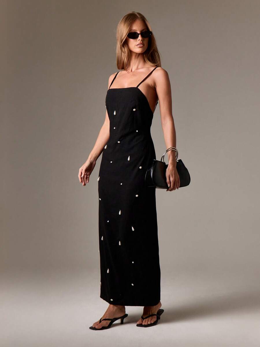 AiiRZ Đầm maxi dài bằng vải lanh thanh lịch, đính ngọc trai đen, kiểu dáng suông, có dây đeo, hở lưng, cổ thẳng, ôm sát, dài đến sàn, thích hợp cho tiệc tùng và trang phục trang trọng. - màu đen - Xem 1