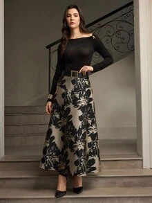 ZEYLAH 女士优雅提花花卉褶皱 A 字裙 - 黑與白 - 查看 6