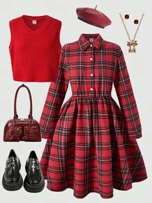 女童格子吊带背心衬衫裙两件套 - 紅色 - 查看 6