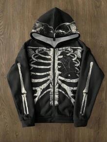 GENIUS ODE Men's Fashion Skeleton Spooky Halloween Cosplay Party Wear Skull Print Zip-Up Hoodie Sweatshirt Halloween Hoodie Skeleton Hoodie Zip Up Hoodie,Autumn/Winter
