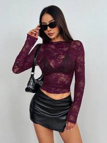 SHEIN Tall 女款蕾絲透視性感短版上衣，適合高個女性 - 紫色 - 查看 4